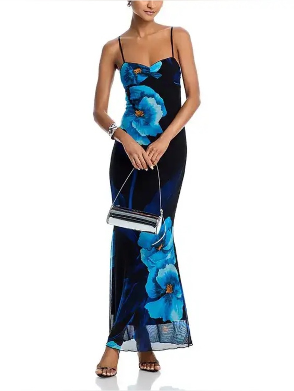 Aqua Black Maxi Slip Dress with Blue Floral Print - XXL